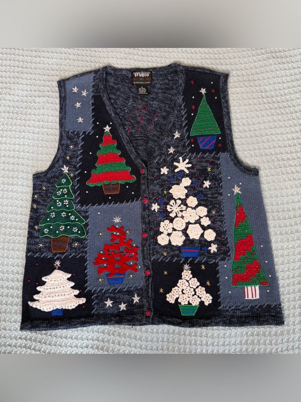 Vintage Designers Originals Ugly Christmas Sweater Vest Medium Crocheted Beaded